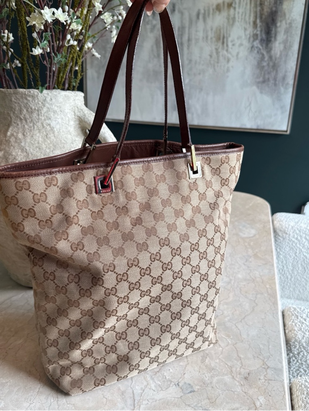 Gucci Beige & Brown GG Supreme Canvas Tote with Brown Leather Trim